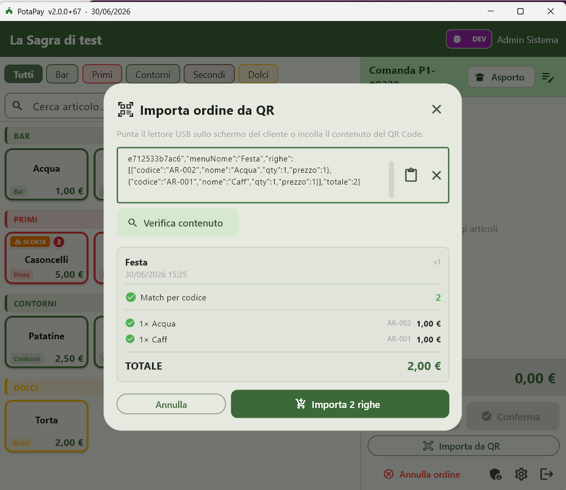 Cassa PotaPay su Windows: finestra Importa ordine da QR con il contenuto incollato, match per codice di Acqua e Caffè, totale 2,00 euro e pulsante Importa 2 righe