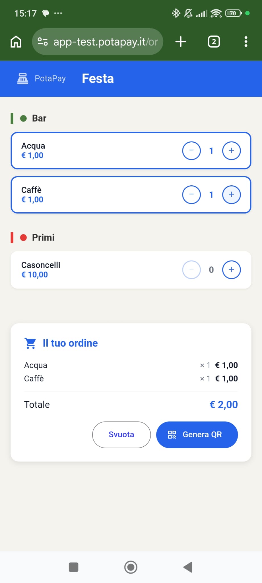Menù online PotaPay sullo smartphone del cliente: categorie Bar e Primi, quantità con più e meno, riepilogo Il tuo ordine e pulsante Genera QR