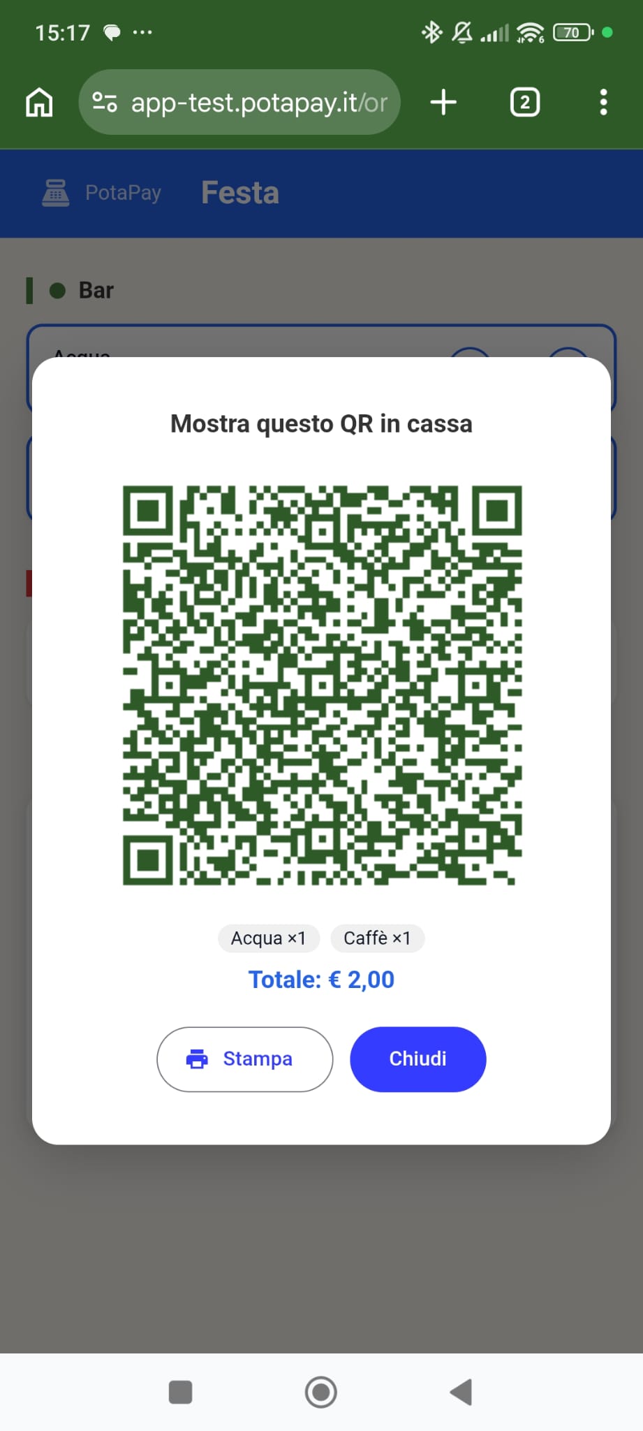 Schermata Mostra questo QR in cassa: codice QR dell'ordine con riepilogo Acqua ×1, Caffè ×1 e totale 2,00 euro