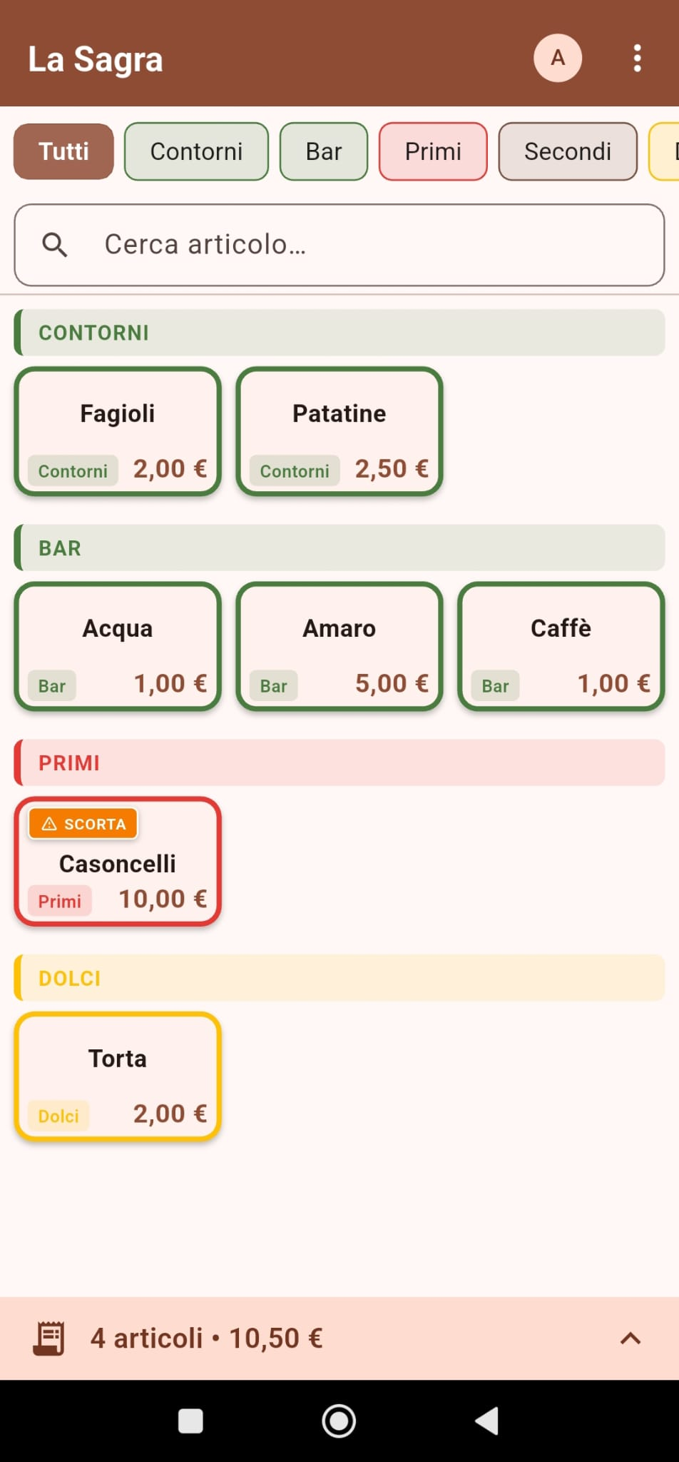 App PotaPay su Android: articoli per reparto e riepilogo ordine