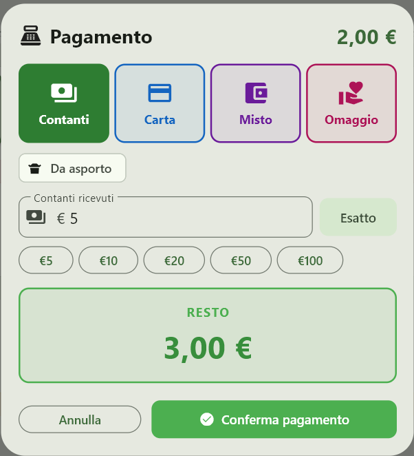 Dialog pagamento con calcolo resto