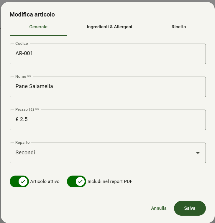 Dialog Articolo — Tab Generale