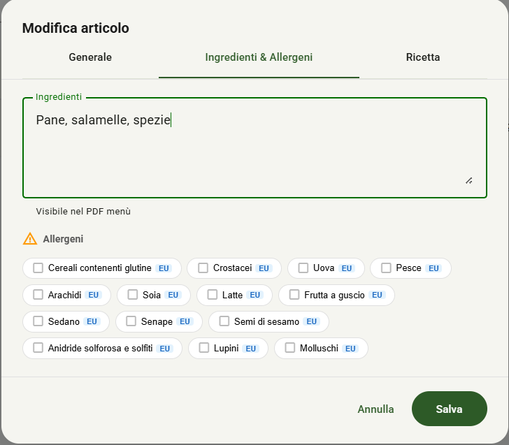 Dialog Articolo — Tab Ingredienti