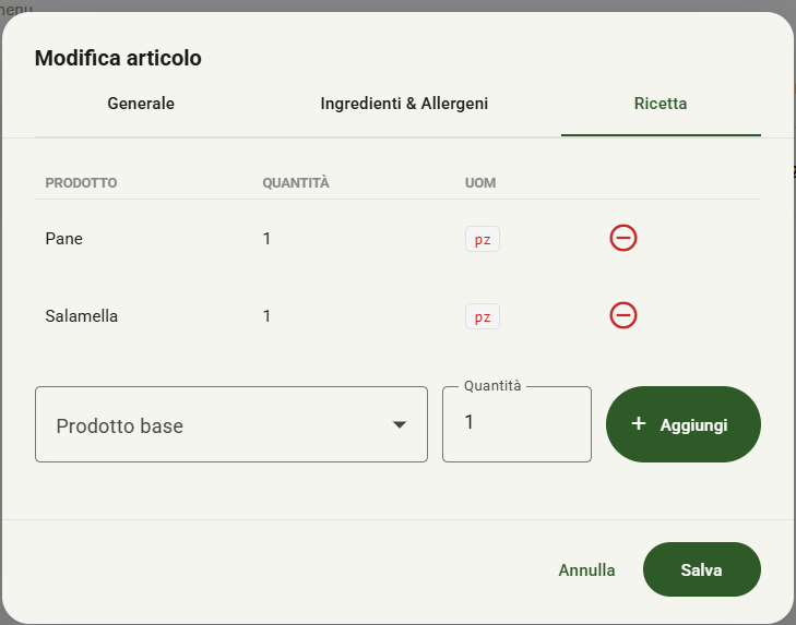 Dialog Articolo — Tab Ricetta