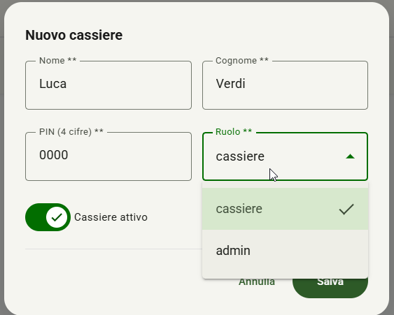 Dialog Nuovo Cassiere